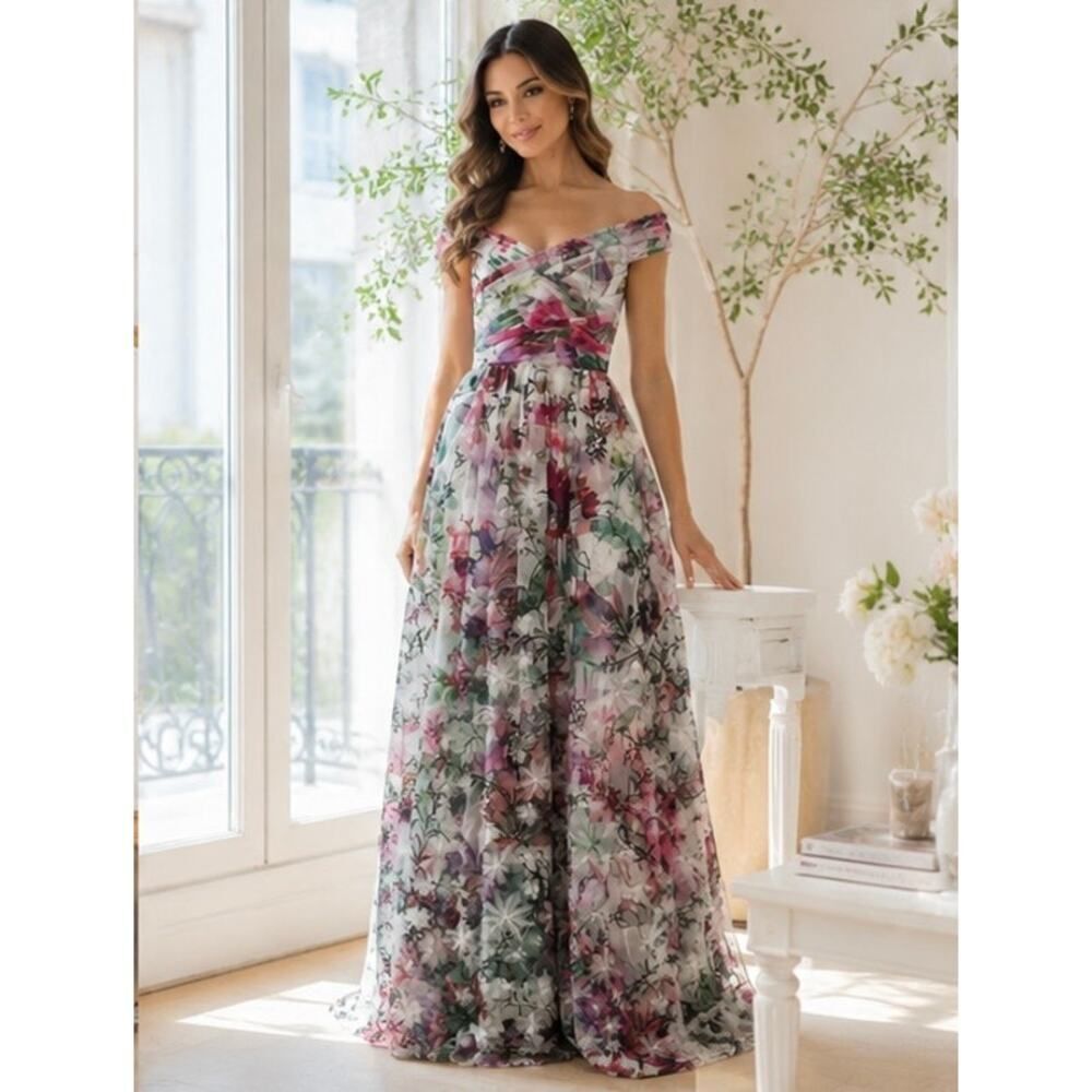 Marchesa Notte Floral Off Shoulder Gown Ivory 3 D Maxi Dress US8